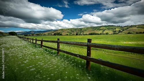 Tranquil Valley Wooden fence meets meadow; hills under cloudy blue skies in scenic pastoral panorama