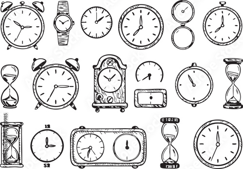 Hand-Drawn Clock and Hourglass Vector Set, ideal for vintage design, time management themes, educational visuals, planner graphics, antique decor, and historical or steampunk illustrations