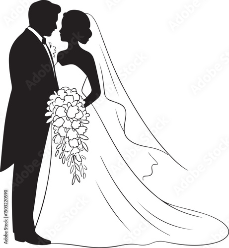 Bride and Groom Wedding Silhouette

Just Married Couple Vector Art

Elegant Wedding Moment Illustration

Romantic Bride & Groom Pose

Classic Wedding Couple Silhouette