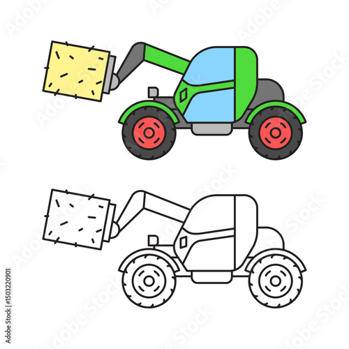 Green telescopic handler with hay linear icon in color