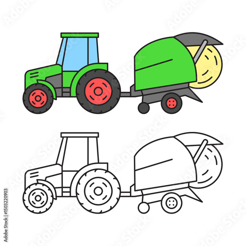 Green tractor with hay baler linear icon in color