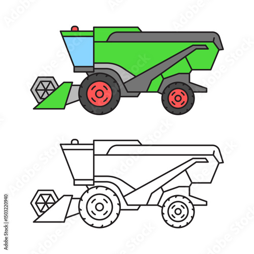 Green grain harvester. Linear icon in color