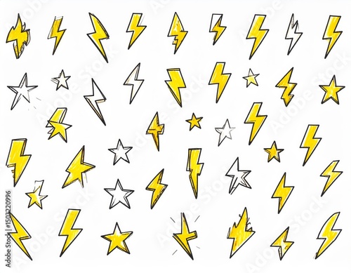 Fire, thunder, star doodle icon. Flame, lightning bolt, star crayon pencil simple scribble set