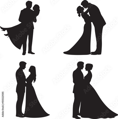 Bride and Groom Wedding Silhouette

Just Married Couple Vector Art

Elegant Wedding Moment Illustration

Romantic Bride & Groom Pose

Classic Wedding Couple Silhouette