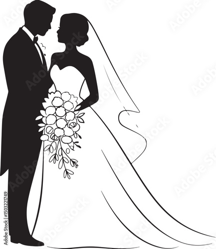 Bride and Groom Wedding Silhouette

Just Married Couple Vector Art

Elegant Wedding Moment Illustration

Romantic Bride & Groom Pose

Classic Wedding Couple Silhouette