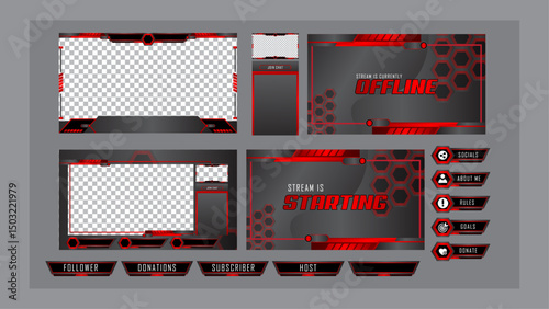 Live Streaming Overlay Vector Pack – Red Black Tech Style for Game Streamers
