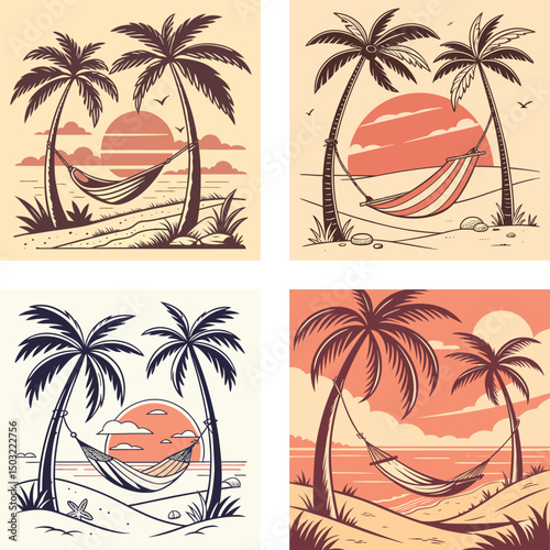A beachside hammock between two palm trees with a retro sunset.
