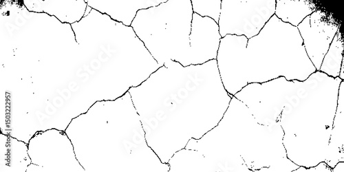 A high-contrast black and white image of cracked, dry earth with deep fractures spreading across the surface, resembling drought-affected soil or old peeling paint. 