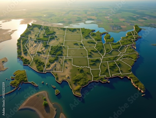 Aerial View of the United States Farmland, Cities, and Rivers