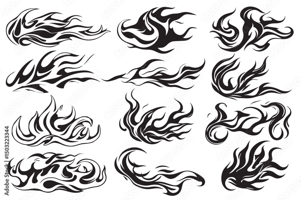 Obraz premium Flame silhouette. Black fire set isolated on white background. Old school tattoo neo-tribal style or silhouette flame for cars. Minimalistic stylish fire outline and filled contour. Vector set