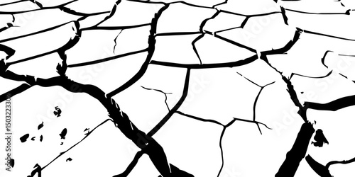 A high-contrast, black and white illustration of a cracked, parched landscape, resembling dried earth in a drought-stricken area. The deep fissures spread across the barren ground, creating an abstrac