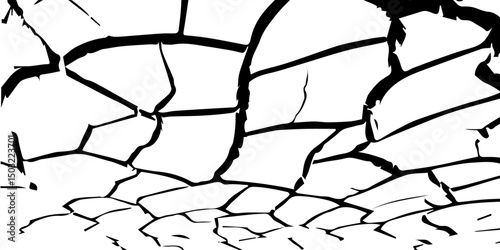 A high-contrast, black and white illustration of a cracked, parched landscape, resembling dried earth in a drought-stricken area. The deep fissures spread across the barren ground, creating an abstrac