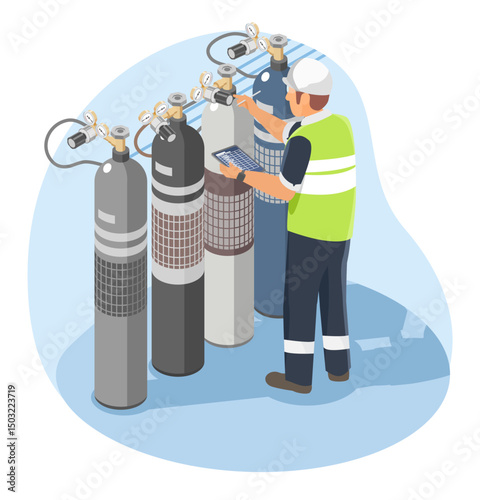 Industrial engineer inspecting gas cylinder system with checklist at factory facility for safety and maintenance control isometric cartoon