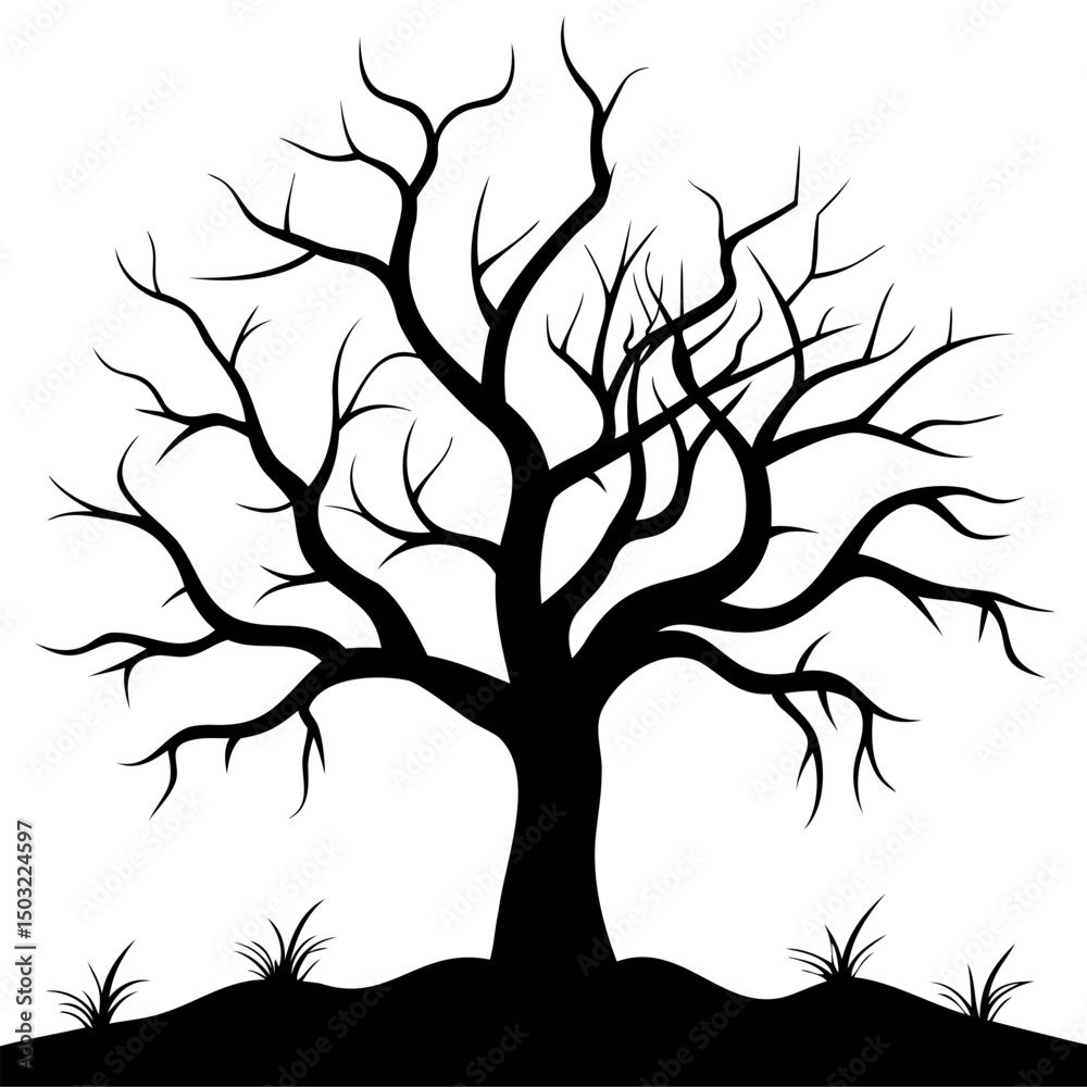 Obraz premium Silhouette of a bare tree with branches and roots on a small hill with grass against white background