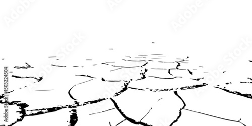 A high-contrast, black and white illustration of a cracked, parched landscape, resembling dried earth in a drought-stricken area. The deep fissures spread across the barren ground, creating an abstrac