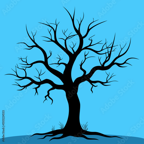 A stark tree silhouette against a light blue backdrop with exposed roots and barren branches extending outwards