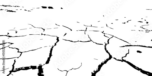 A high-contrast, black and white illustration of a cracked, parched landscape, resembling dried earth in a drought-stricken area. The deep fissures spread across the barren ground, creating an abstrac