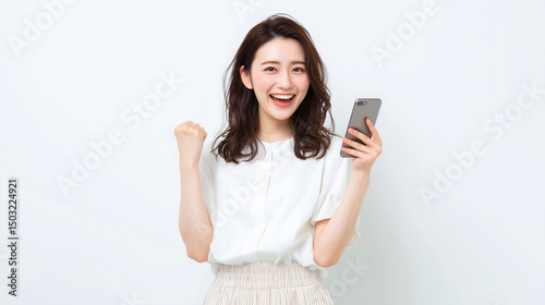 白背景の前でスマホを持って笑顔の女性・明るく誠実なイメージ（ビジネス・教育・テクノロジー・IT）