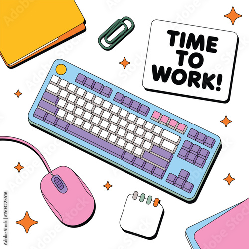Workspace with keyboard, mouse, stationery, and motivational sticker