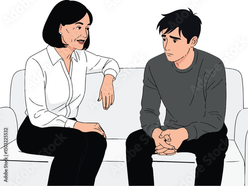 Illustration of a Therapist or Counselor Listening to a Distressed Male Patient.