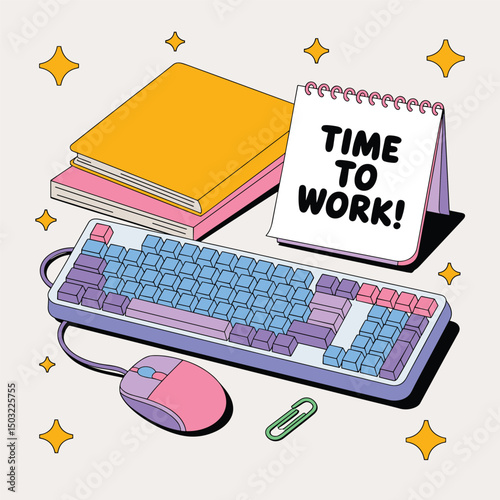 Workspace with keyboard, mouse, stationery, and motivational sticker