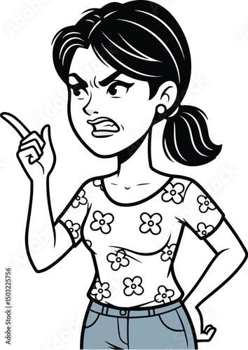 A black and white cartoon illustration of an angry woman pointing her finger
