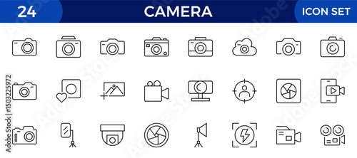 Camera line icon collection. Photography, video, shooting, camera lens, tripod, studio, action camera and camera and equipment line icon set