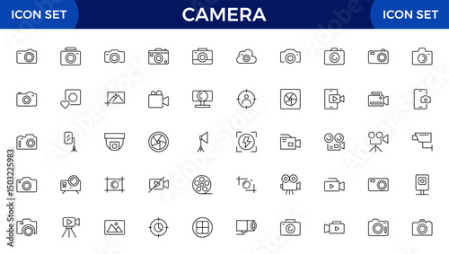 Camera line icon collection. Photography, video, shooting, camera lens, tripod, studio, action camera and camera and equipment line icon set