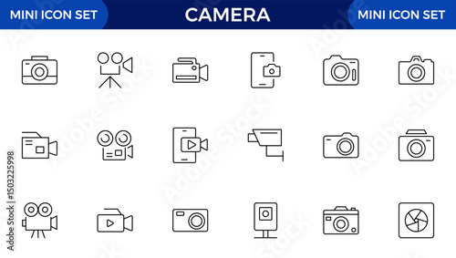 Camera line icon collection. Photography, video, shooting, camera lens, tripod, studio, action camera and camera and equipment line icon set
