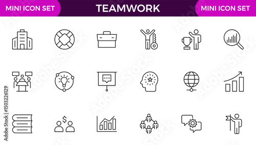 Teamwork linear icons collection. Set of coworking space icons. Business teamwork, team building, work group.