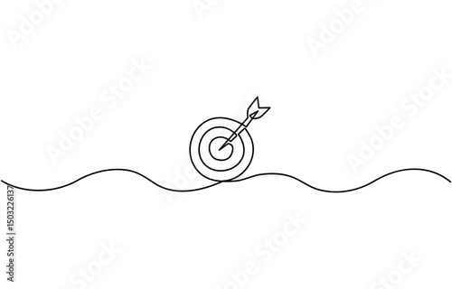 Arrow and target continuous one line drawing. Vector illustration isolated, Target with arrow single line art, continuous one line drawing of  Isolated outline vector icon.