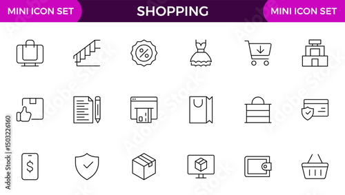 Shopping outline icon set. Set of shopping cart icons. Collection of web icons for online store, from various cart icons in various shapes.