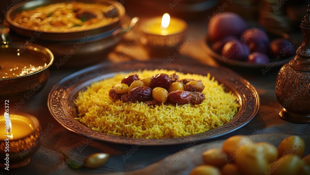 Aromatic yellow rice dish with dates and nuts, surrounded by traditional servingware Aromatic yellow rice dish with dates and nuts, surrounded by traditional servingware