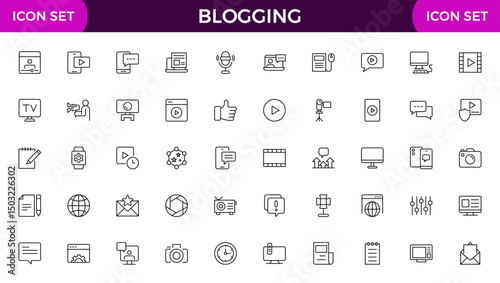 Blogging banner with icons. Post, social media, community, content, website, sharing, create, opinion. Business concept. Web vector infographic in outline icon style.