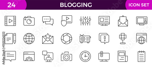 Blogging banner with icons. Post, social media, community, content, website, sharing, create, opinion. Business concept. Web vector infographic in outline icon style.