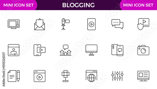 Blogging banner with icons. Post, social media, community, content, website, sharing, create, opinion. Business concept. Web vector infographic in outline icon style.