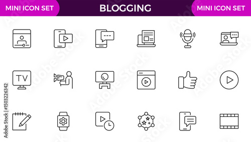 Blogging banner with icons. Post, social media, community, content, website, sharing, create, opinion. Business concept. Web vector infographic in outline icon style.