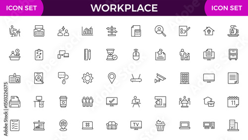 Workplace web icons in line style. Employ, conference, project, document, business, work, support, contact us, productivity strategy, collection.