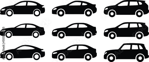 Modern sedan and hatchback car silhouette collection. Simple black vector cars for automotive designs and illustrations.