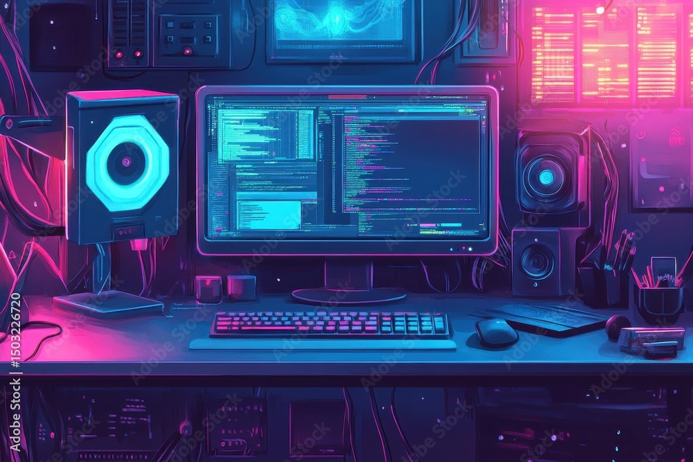 Digital workspace filled with vibrant tech elements showcasing coding, computer hardware, and an immersive atmosphere of creativity and innovation