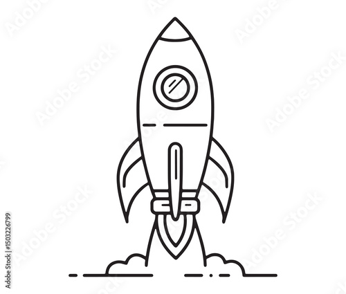 Cartoon rocket outline space doodle art. Simple black and white rocket clipart for kids.