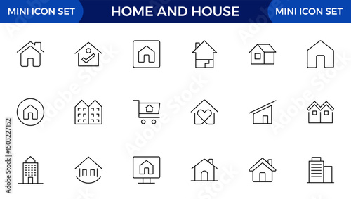Home and house line icon collection. Real estate, building, key, smart home, family, home loan, rent house and management icon set. UI outline icons pack