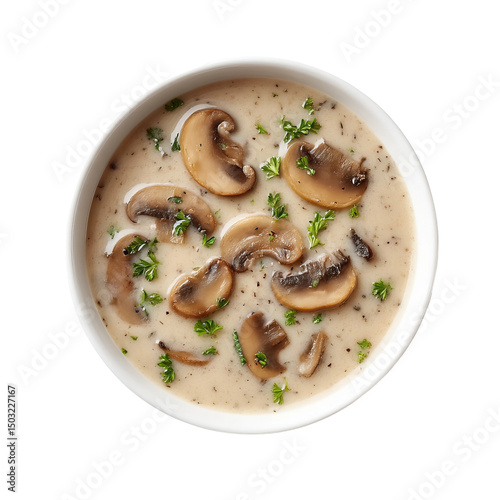 Creamy mushroom soup in a white bowl, garnished with fresh parsley.  Top view.