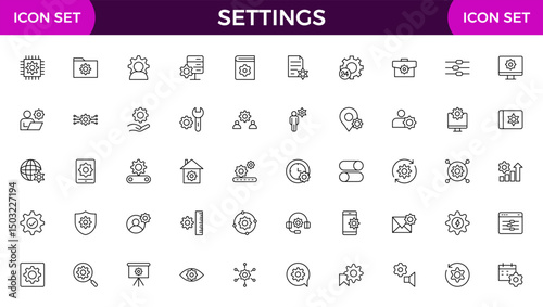 Settings, icon set. Containing options, configuration, preferences, adjustments, operation, gear, control panel, equalizer, management, optimization and productivity icons.