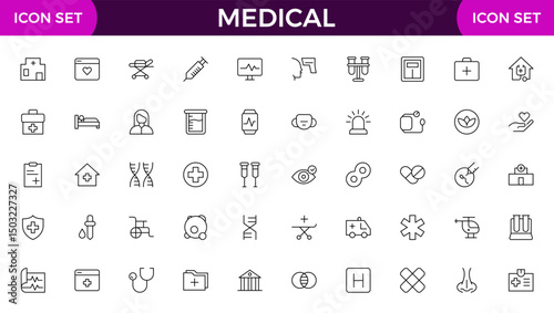 Set of Medical web icons in line style. Medicine and Health Care, RX. Medicine, check up, doctor, dentistry, pharmacy, lab, scientific discovery, collection.