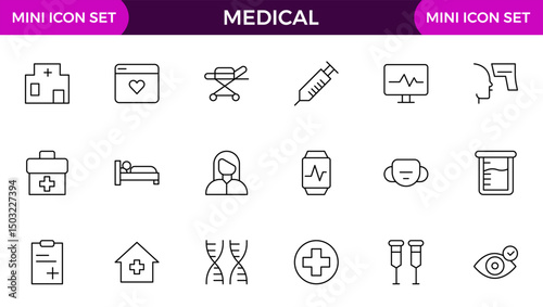 Set of Medical web icons in line style. Medicine and Health Care, RX. Medicine, check up, doctor, dentistry, pharmacy, lab, scientific discovery, collection.