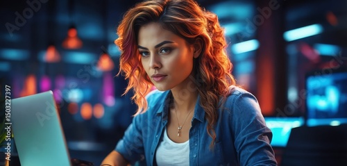 A woman focused on her laptop, surrounded by a stylish office environment with a digital vibe.


