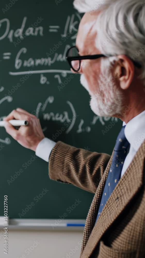 Senior educator demonstrating complex mathematical formula, writing on green chalkboard while explaining scientific concept during academic lecture