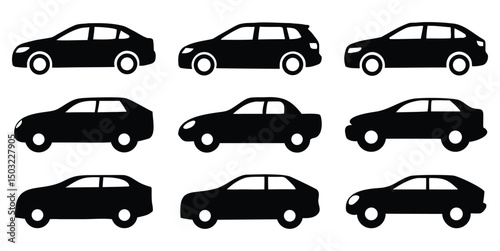 Modern sedan and hatchback car silhouette collection. Simple black vector cars for automotive designs and illustrations.