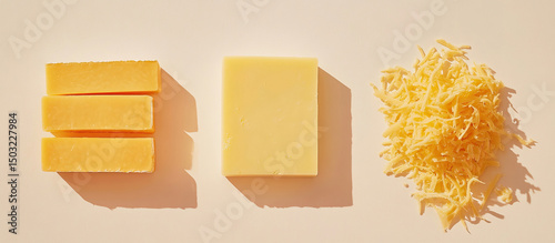 Sharp cheddar cheese in blocks, slices, and shredded form, vibrant orange color photo